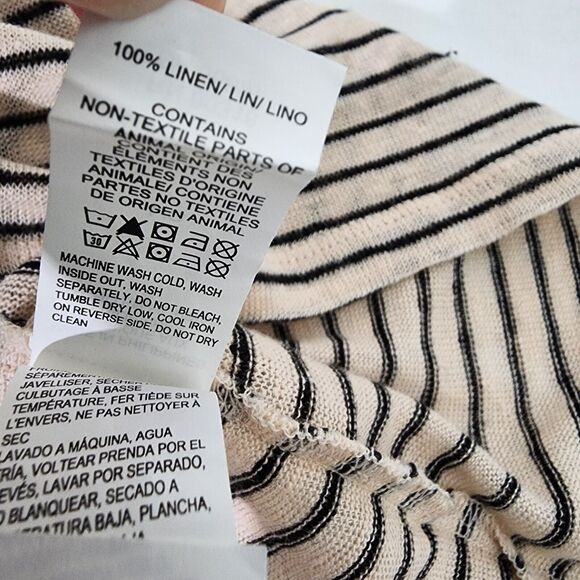 Lucky Brand Tee Womens Large Linen V Neck Top Natural Stripe Split Button Sleeve - Picture 9 of 10